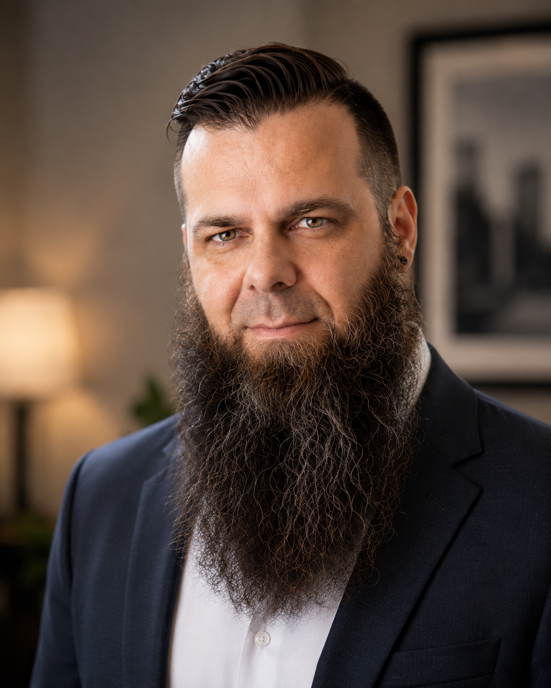 Mike McMunn with a long beard, wearing a dark jacket